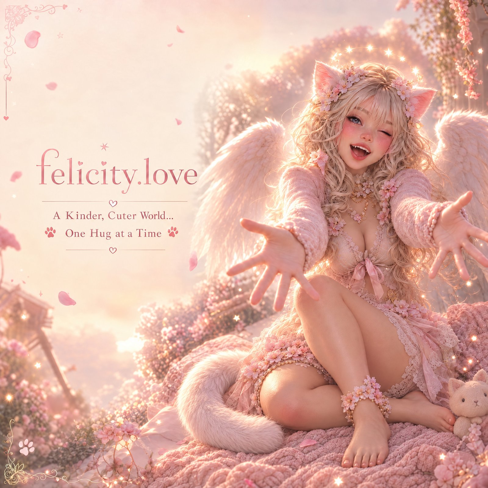 Felicity Kittybird, a blonde angel catgirl with pink cat ears, a flower crown, a halo of tiny stars and white wings, sits on a pink knit blanket in soft sunset light. She winks, grins with little fangs and reaches both arms out for a hug, a kitty plush beside her. Text reads: felicity.love. A Kinder, Cuter World… One Hug at a Time.